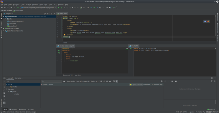 Projekt in IntelliJ in Phase 1: index.html, docker-compose.yml und Dockerfile