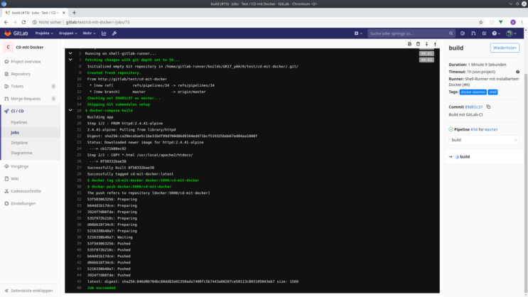 GitLab-Job baut das Docker-Image und pusht es in unsere Registry: "docker-compose build", "docker tag", "docker push", "Job succeeded"