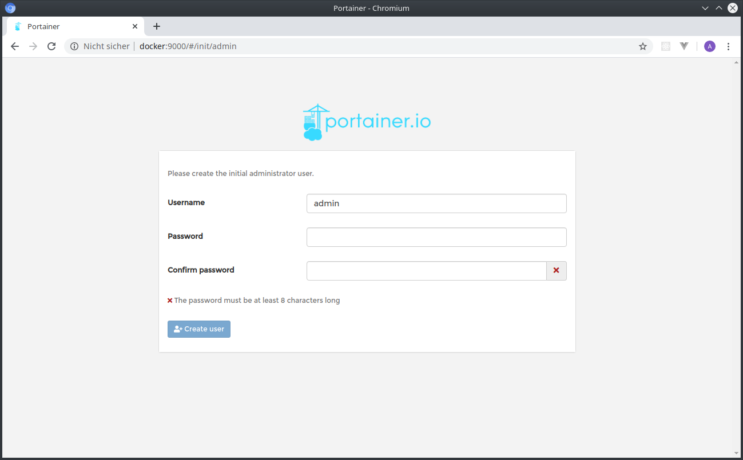 Portainer – Einrichten des Administrator-Accounts: "portainer.io. Please create the initial administrator user."