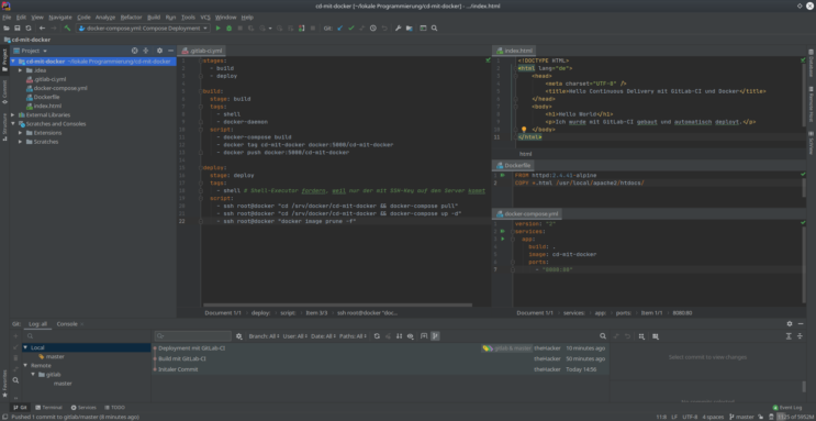 Zusammenfassung – Projekt in IntelliJ: .gitlab-ci.yml, index.html, Dockerfile und docker-compose.yml
