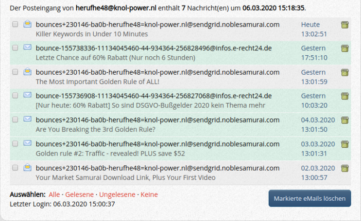 Market Samurai: Spam-Nachrichten aufgelistet