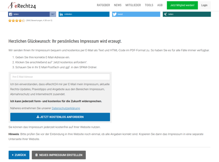 eRecht24 – Impressum-Generator: Geben Sie Ihre korrekte E-Mail-Adresse ein. Ich bin einverstanden, dass eRecht24 mir per E-Mail mein Impressum, aktuelle Rechts-Updates, Praxistipps und Angebote aus den Bereichen Impressum, Abmahnschutz und Internetrecht zusendet.