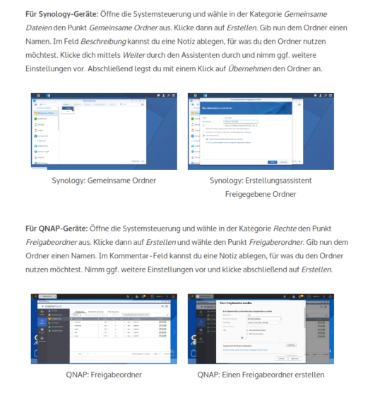 home-cloud.rocks: Ein Ausschnitt aus einem Artikel meiner Nischenseite mit vielen Screenshots zum Vergleich von Synology vs. QNAP. Synology: Gemeinsame Ordner, Erstellungsassistent Freigegebene Ordner, QNAP: Freigabeordner, Einen Freigabeordner erstellen