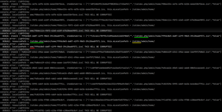 printf-Debugging von Lightning: Konsolenausgabe, an der Stelle, wo die URL der Termine korrumpiert wird. "/caldav.php" (aus itemDataArray) wird mit "/caldav" (resourcePath) vermischt, was in der Variable "locationPath" ein Artifakt "ome/" zurücklässt.