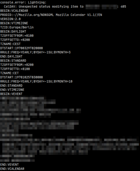 HTTP 405 beim Ändern eines Termins in Lightning: Konsolenausgabe - "console.error: Lightning: CalDAV: Unexpected status modifying item to ...: 405"